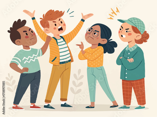 Illustration of four children in a heated argument with angry expressions and confrontational postures shown