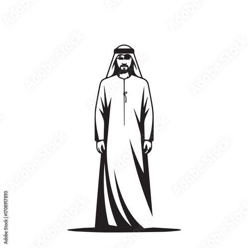 Traditional arab man standing proudly in full length white thobe and ghutra with agal on white background
