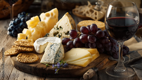 Gourmet cheeseboard with assorted cheeses, grapes, crackers, and wine glass, rustic wooden table