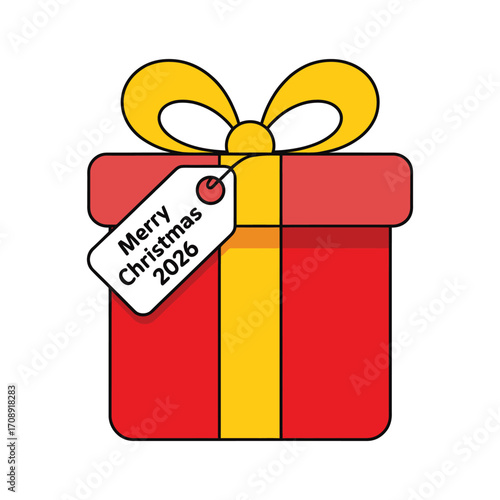 Illustration of a red gift box with a yellow ribbon and a tag that says merry christmas 2026, perfect for holiday designs