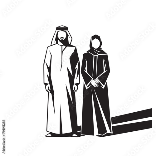 Traditional middle eastern man and woman standing together in cultural attire against a stark white background with shadow