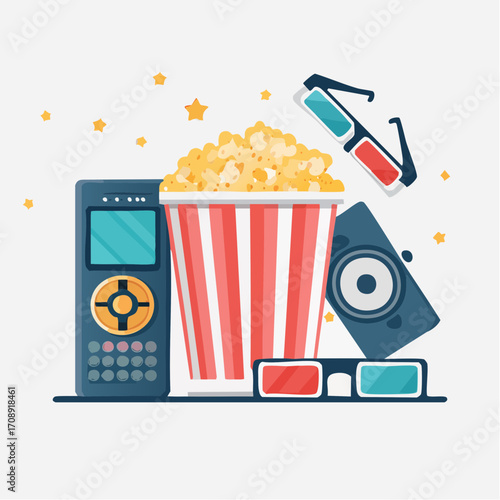 Cinema experience at home with popcorn, 3D glasses, and remote control, perfect for movie nights
