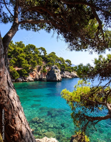 Coastal scenery with turquoise water and pine trees