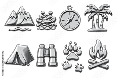 Camping adventure linear icon set. featuring mountain, canoe, compass, palm, tent, binoculars, paw, and campfire symbols