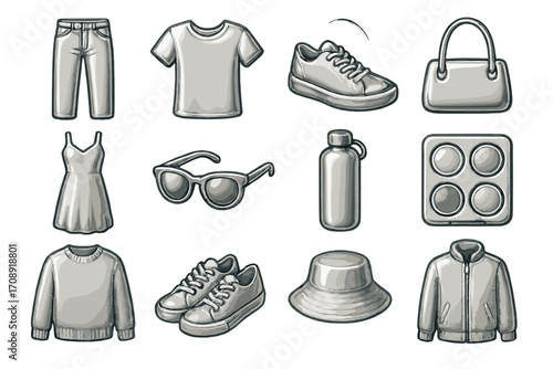 Fashion and accessories linear icon set. featuring jeans, shirt, shoes, bag, dress, sunglasses, and water bottle