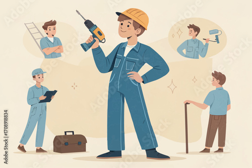 Illustration of a confident handyman with a drill and various handyman scenarios around him