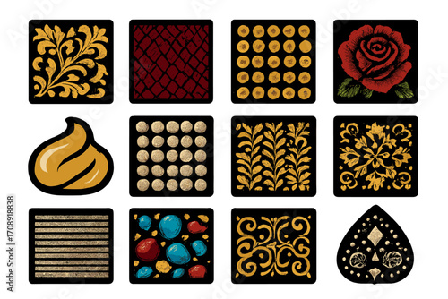Decorative floral silhouette icon set. featuring leaf, lattice, dots, rose, pattern, swirl, peony, gems, filigree, teardrop