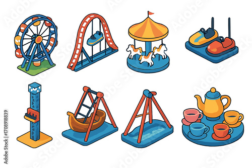 Amusement park isometric icons set. featuring ferris wheel, roller coaster, carousel, bumper cars, and tea cups