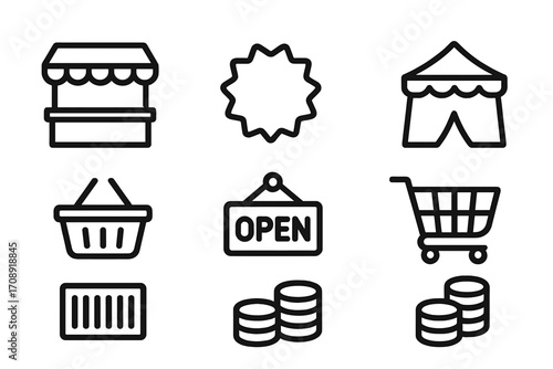 Market and shopping silhouette icon set. featuring store, sale, tent, basket, open sign, cart, and coins