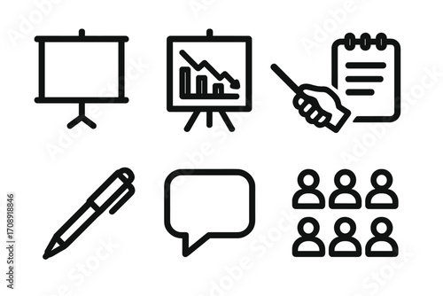 Business meeting silhouette icon set. featuring chart, presentation, pointer, notebook, pen, speech, and team symbols