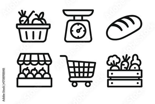 Grocery silhouette icon set. featuring basket, scale, bread, market stall, cart, and produce symbols