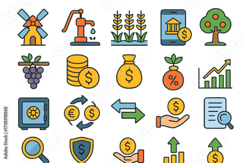 Finance and agriculture colorful icon set. featuring windmill, pump, crops, smartphone, tree, grapes, and safe symbols