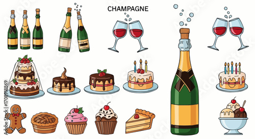 Christmas icon celebration champagne bottles and desserts vector illustration for party event and special occasion design 100 vector