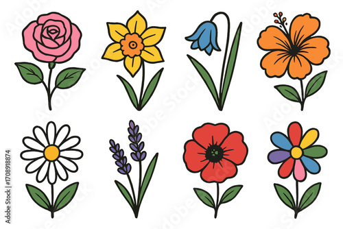 Floral silhouette icon set. featuring rose, daffodil, bellflower, hibiscus, daisy, lavender, poppy, and chamomile