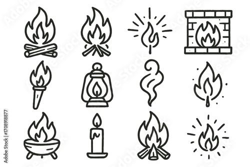 Fire linear icon set. featuring campfire, candle, torch, lantern, flame, smoke, fireplace, bonfire symbols