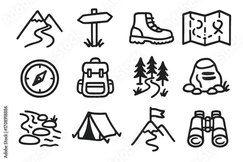 Outdoor adventure linear icon set. featuring hiking, trail, sign, boot, map, compass, backpack, forest, path, camp, peak