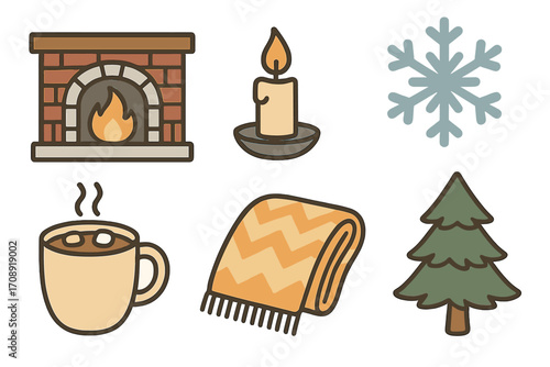 Cozy winter flat icon set. featuring fireplace, candle, snowflake, mug, blanket, and tree symbols