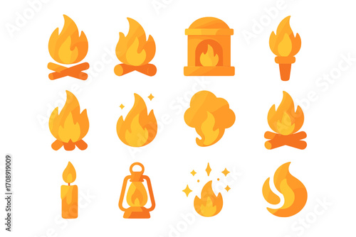 Fire and flame flat icon set. featuring campfires, fireplaces, candles, and lanterns symbols