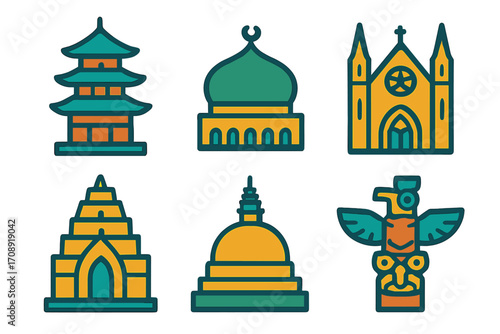 Cultural landmarks flat icon set. featuring pagoda, mosque, cathedral, temple, stupa, totem pole