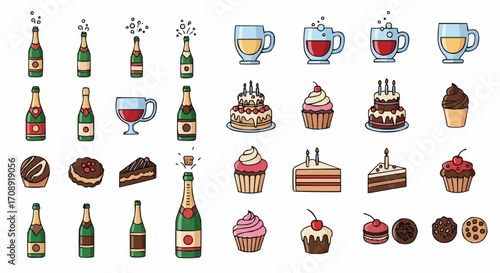 Christmas icon celebration party drinks and desserts vector illustration, champagne, cakes, cupcakes, cookies, tea cups vector