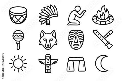 Native american culture silhouette icon set. featuring drum, headdress, worship, fire, rattle, wolf, mask, flute