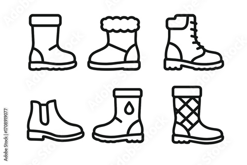 Footwear linear icon set. featuring hiking boots, winter shoes, and rain boots symbols