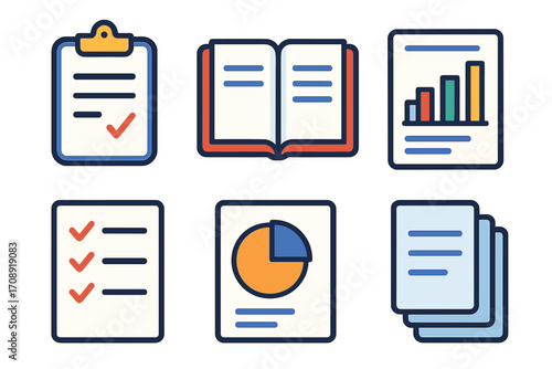 Office documents flat icons set. featuring clipboard, open book, report, checklist, chart, and files