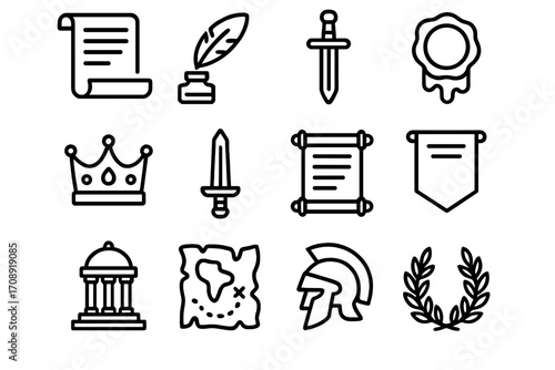 Ancient greece linear icon set. featuring scroll, ink, sword, seal, crown, banner, and map symbols