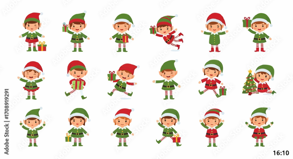 Obraz premium Christmas icon christmas elf vector illustration set holiday elves cartoon characters christmas design christmas spirit christmas vector