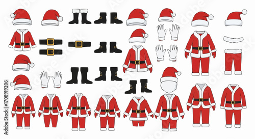 Christmas icon santa claus costume vector set christmas holiday outfit elements winter clothes santa suit isolated illustration vector