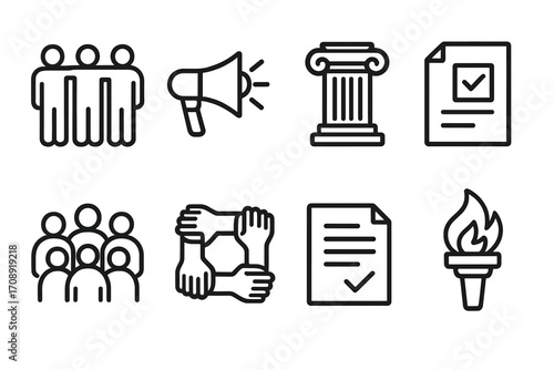 Community engagement linear icon set. featuring team, announcement, column, document, unity, and torch symbols