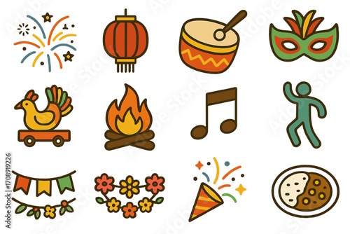 Festival celebration flat icon set. featuring fireworks, lantern, drum, mask, turkey, campfire, music, dance