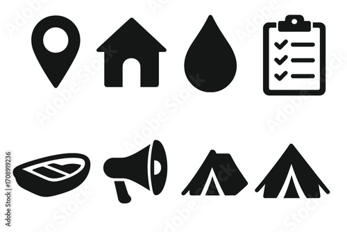 Outdoor essentials silhouette icons set. featuring location, home, drop, checklist, steak, megaphone, tent
