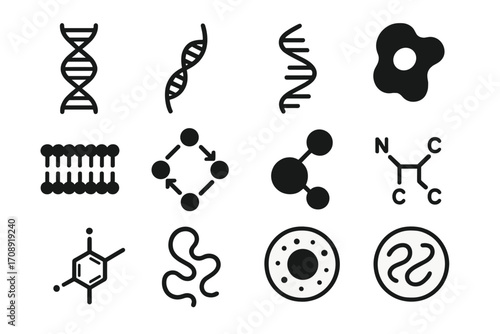 Biology silhouette icon set. featuring dna, molecule, cell, atom, protein, and chemical structure symbols