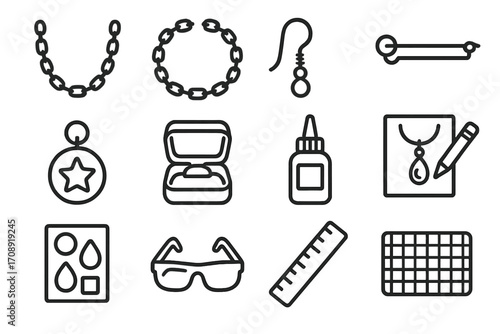 Jewelry tools linear icon set. featuring chain, earring, bracelet, pendant, glue, ring, ruler, and glasses icons