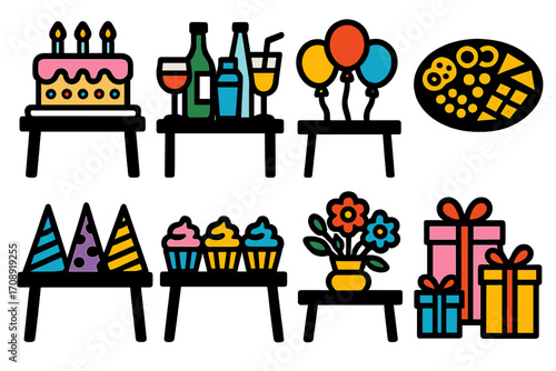 Party celebration flat icon set. featuring cake, drinks, balloons, snacks, hats, cupcakes, flowers, and gifts