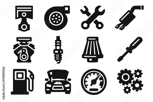 Automotive silhouette icon set. featuring piston, turbo, wrench, exhaust, engine, spark plug, filter, screwdriver.