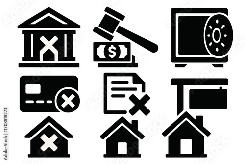 Financial operations silhouette icon set. featuring savings, loan, credit card, mortgage, auction, and contract symbols