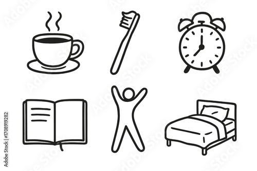 Morning routine silhouette icon set. featuring coffee, toothbrush, clock, book, exercise, and bed symbols