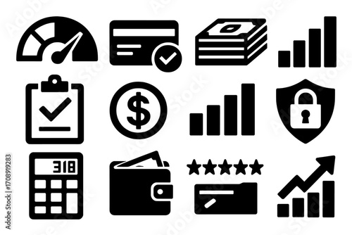 Finance silhouette icon set. featuring speedometer, credit card, wallet, calculator, and money symbols