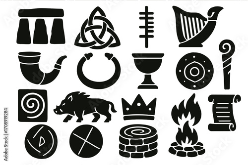 Celtic mythology silhouette icon set. featuring harp, horn, triskele, cauldron, shield, and boar symbols