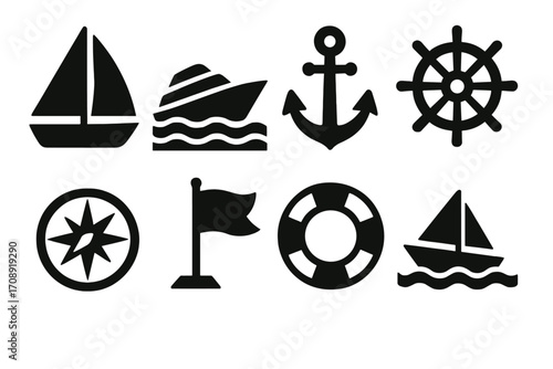 Nautical silhouette icon set. featuring sailboat, yacht, anchor, wheel, compass, flag, lifebuoy, boat symbols