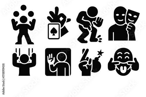 Entertainment activities silhouette icon set. featuring juggling, magic, mime, comedy, theater, and more symbols