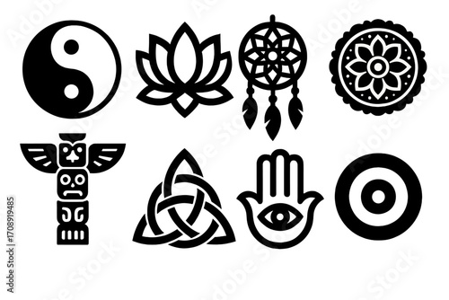 Spiritual symbols silhouette icon set. featuring yin-yang, lotus, dreamcatcher, mandala, totem, triquetra, hamsa, target