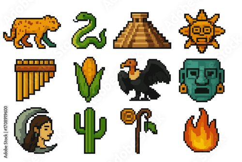 Mesoamerican culture pixel icon set. featuring jaguar, serpent, pyramid, sun, panflute, corn, condor, mask, moon, cactus, fire