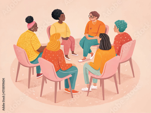 Diverse group of women sitting in a circle on pink chairs having a discussion or therapy session together