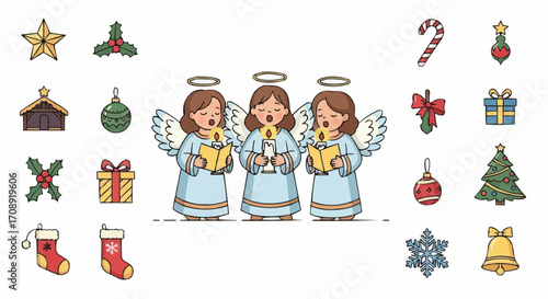 Christmas icon christmas angels singing carols with christmas tree ornaments and holiday decorations vector illustration vector