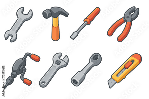 Tools and maintenance flat icon set. featuring wrench, hammer, screwdriver, pliers, drill, cutter, and spanner