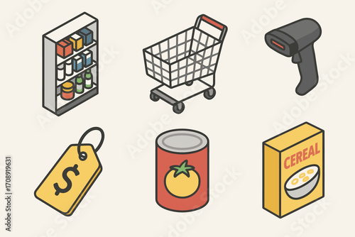 Shopping and retail isometric icons set. featuring shelves, shopping cart, barcode scanner, price tag, canned food, cereal box