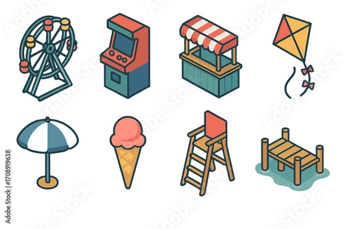 Amusement park flat icon set. featuring ferris wheel, arcade, stall, kite, umbrella, ice cream, lifeguard chair, dock